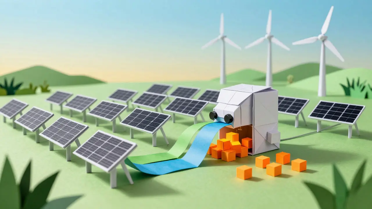 Origami solar farm with paper ribbons flowing into a mining machine under a sunny sky