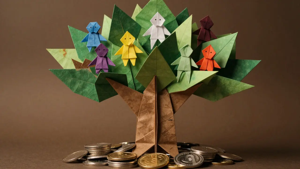 Origami tree with paper figures and coins representing community growth