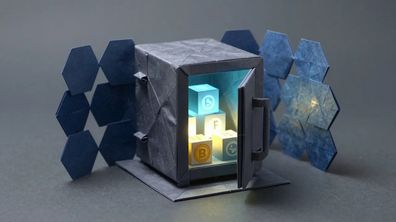 Origami vault containing glowing paper cubes surrounded by hexagonal walls