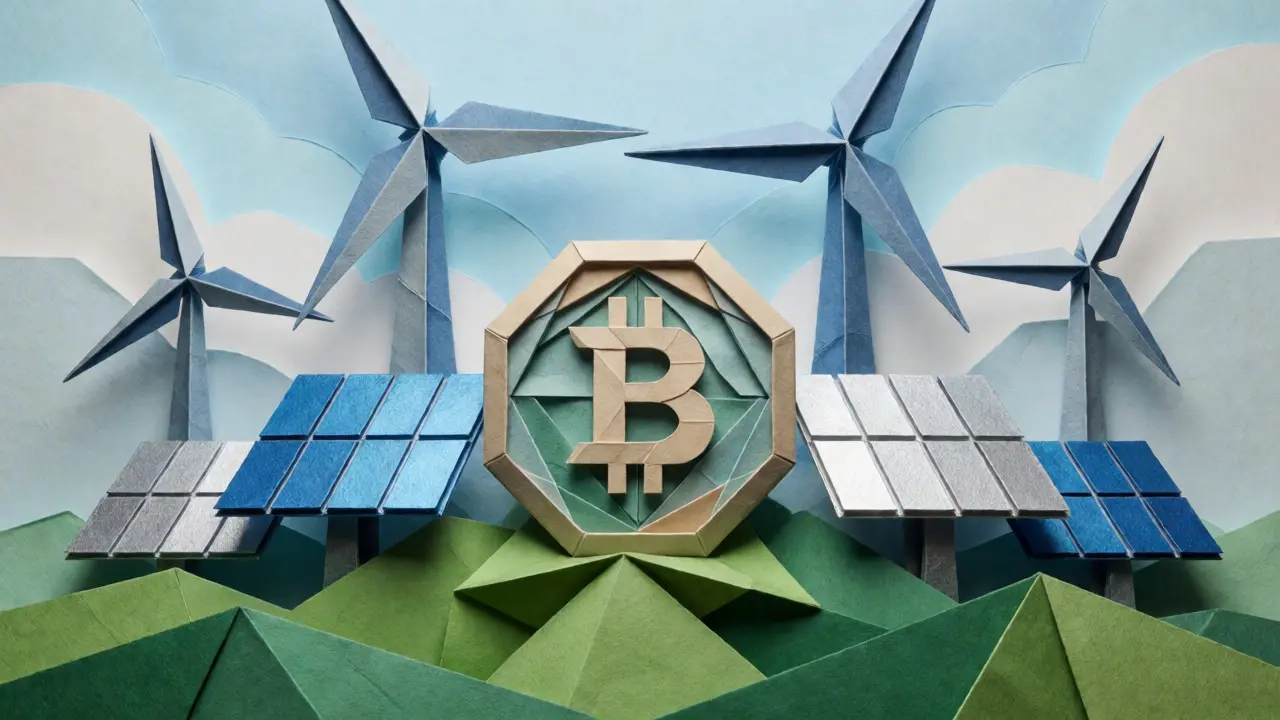 Origami wind turbines and solar panels behind a paper token representing green crypto