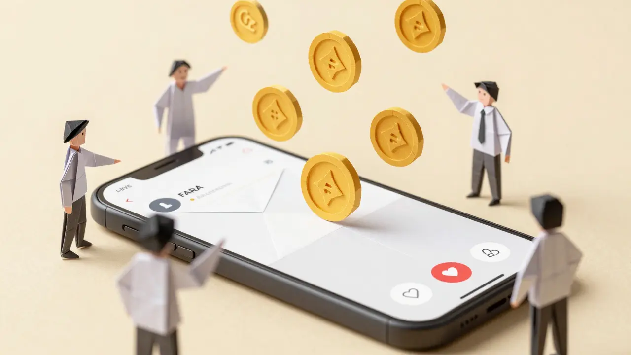 Paper craft smartphone showing users interacting for a Faraland token airdrop.