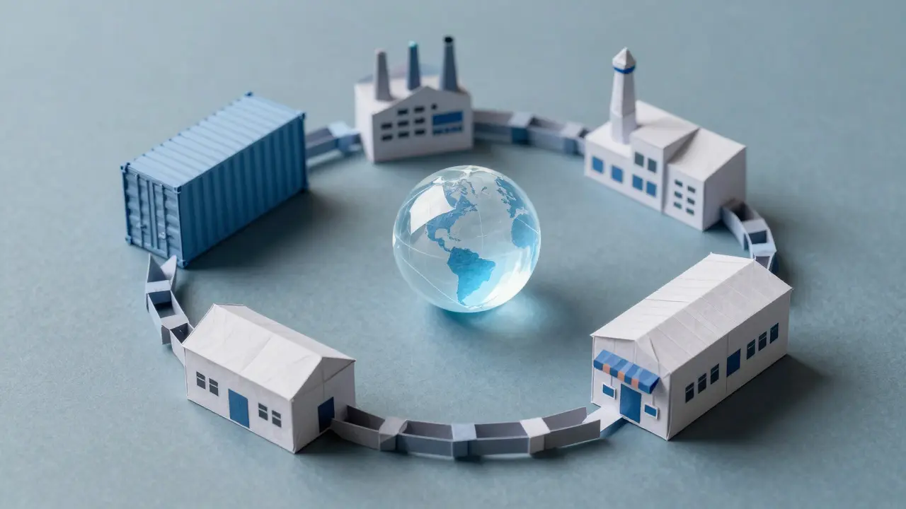 Paper-crafted industrial icons in a circle connected by chains, symbolizing shared data integrity