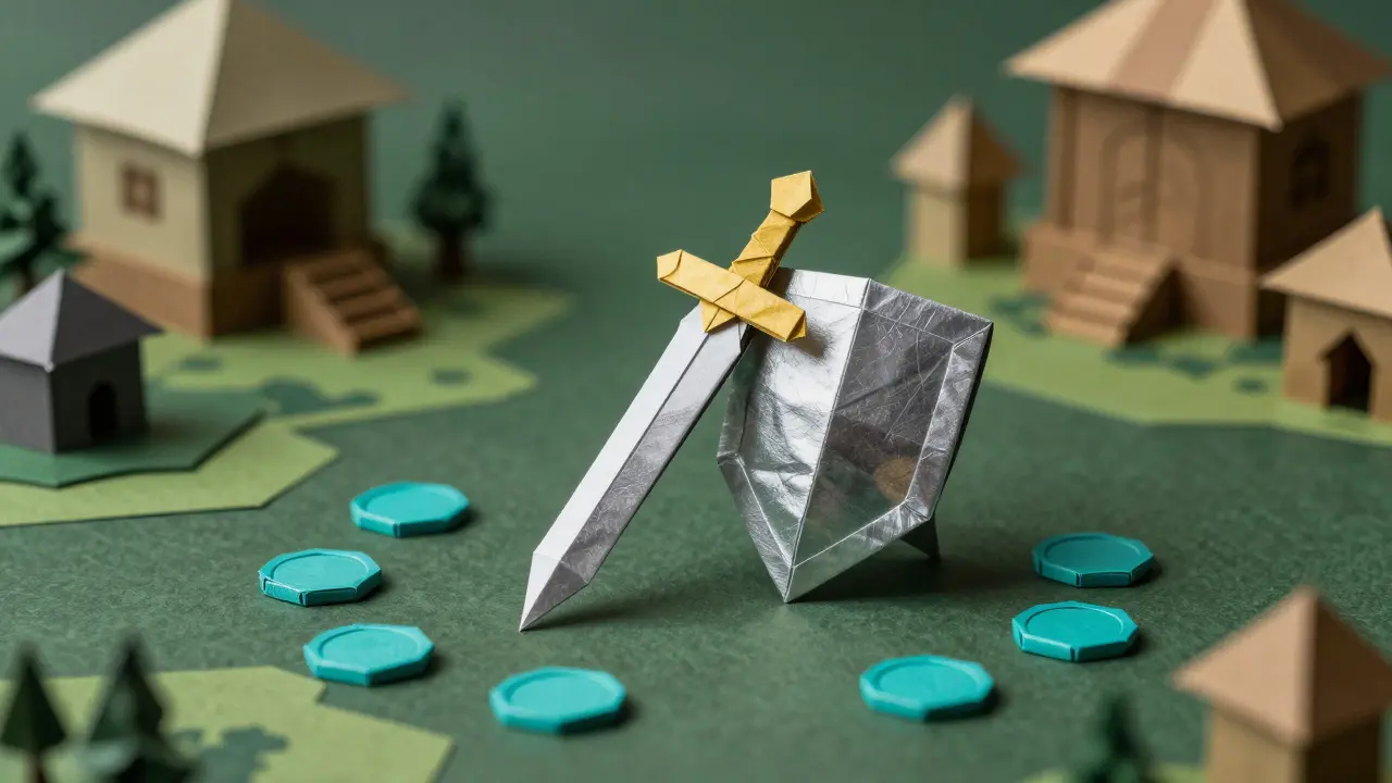 Paper-crafted origami sword and shield surrounded by tiny folded coins on a map