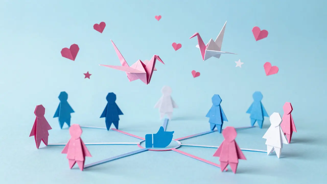 Paper crane flying over origami figures connected by paper lines