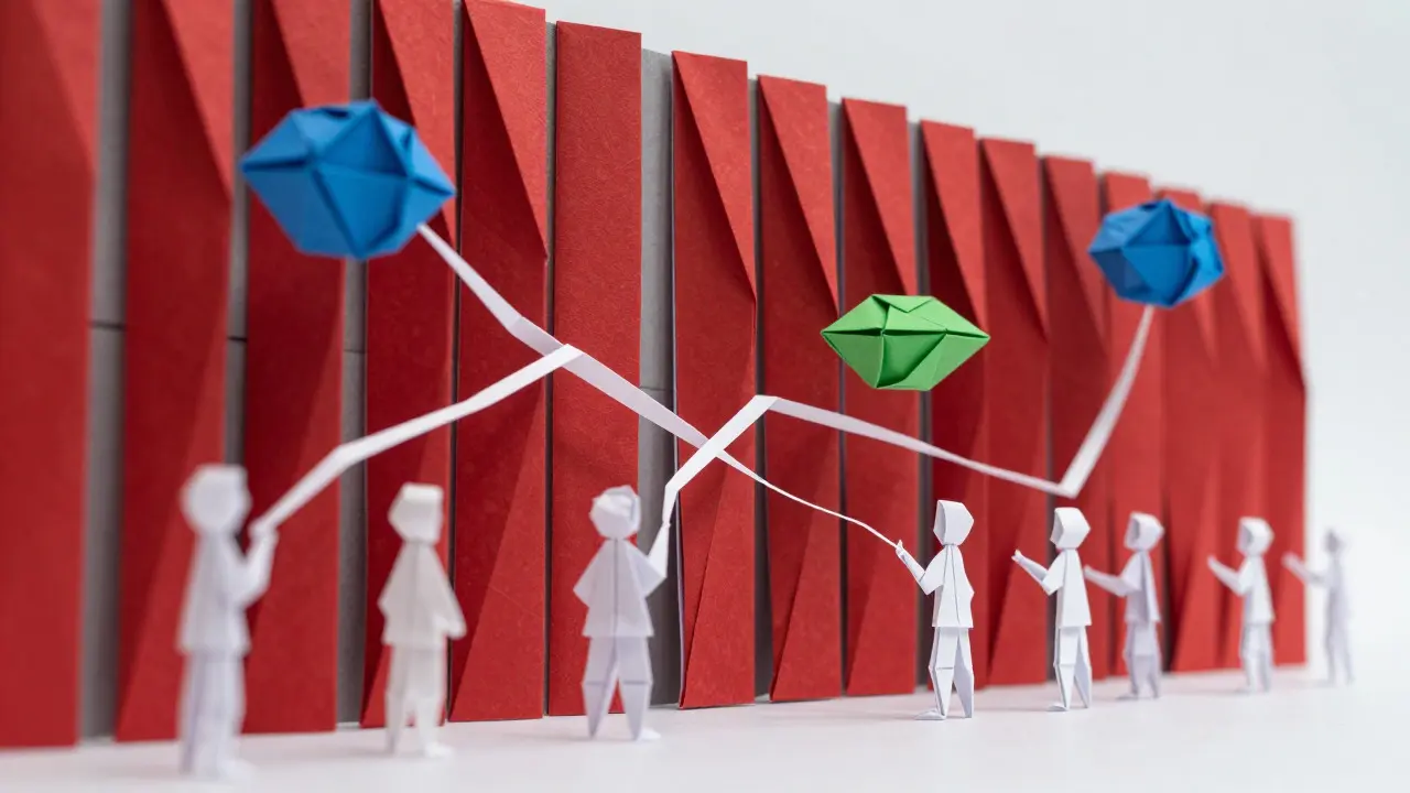 Paper figures navigating a large origami wall using ribbon-like paths to reach floating platforms