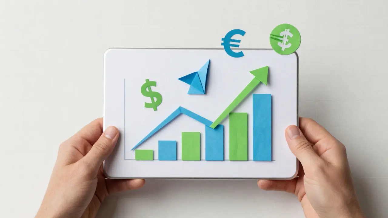 Paper hands holding an origami tablet with abstract paper trend charts and currency symbols