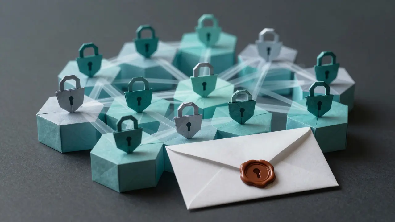 Paper honeycomb network showing blockchain security