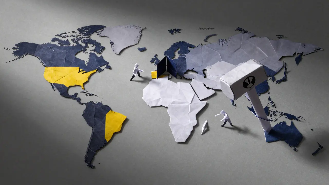 Paper map showing crypto ban zones globally
