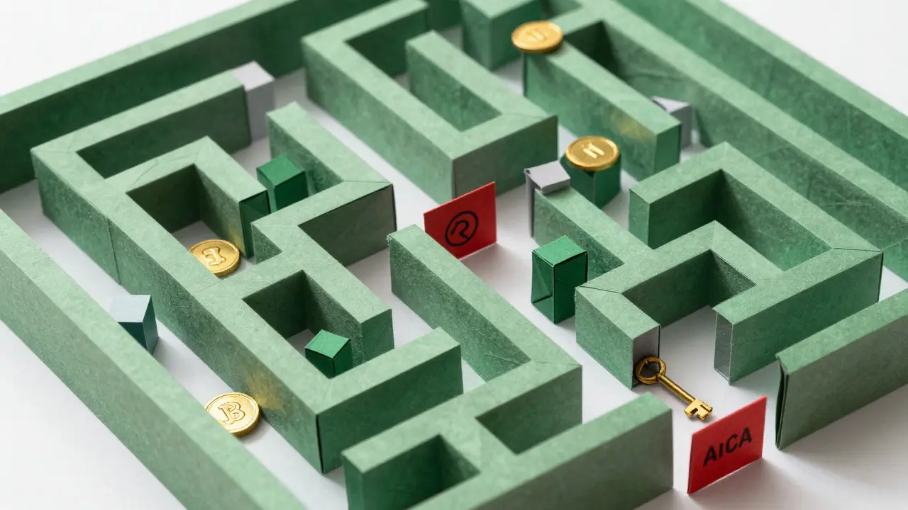 Paper maze with coins and barriers illustrating complex crypto compliance paths