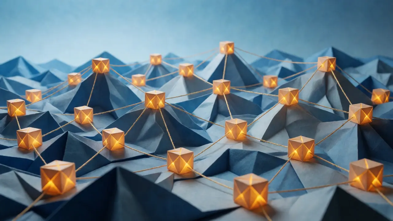 Paper mountain landscape with glowing origami miners connected by golden chains