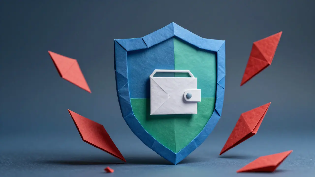Paper shield protecting a wallet from red scam shards in origami art