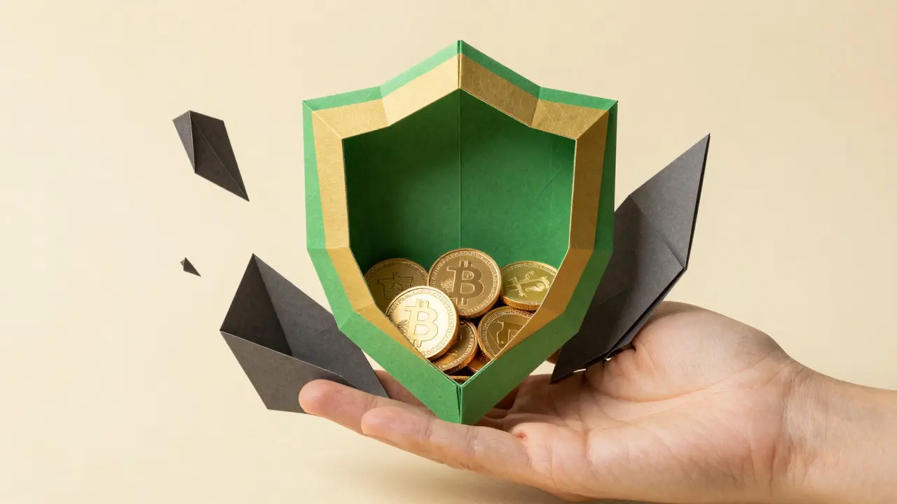 Protective origami shield holding safe crypto coins against dark risks