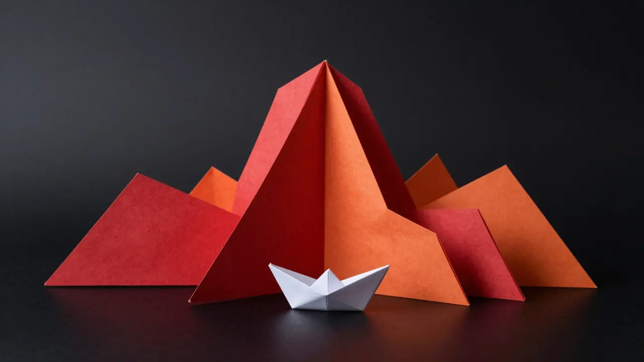 Red and orange origami mountain structure with a small white boat below
