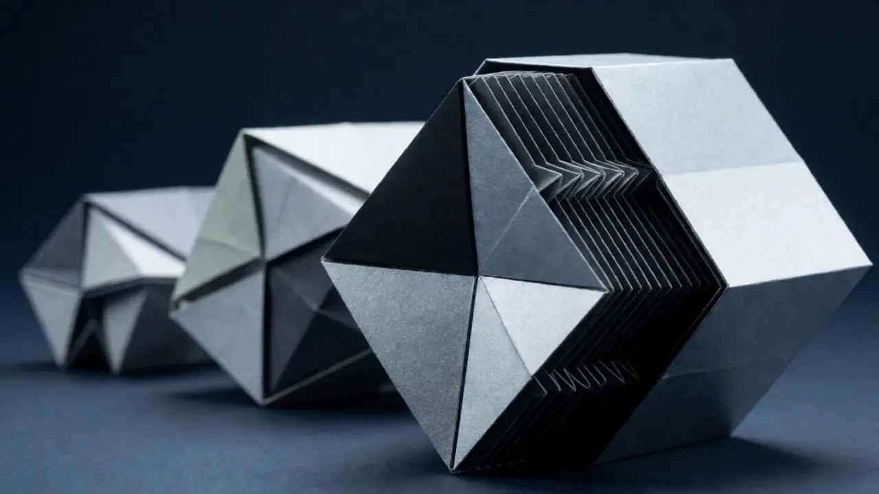 Silver origami ASIC miner in front of older paper hardware models