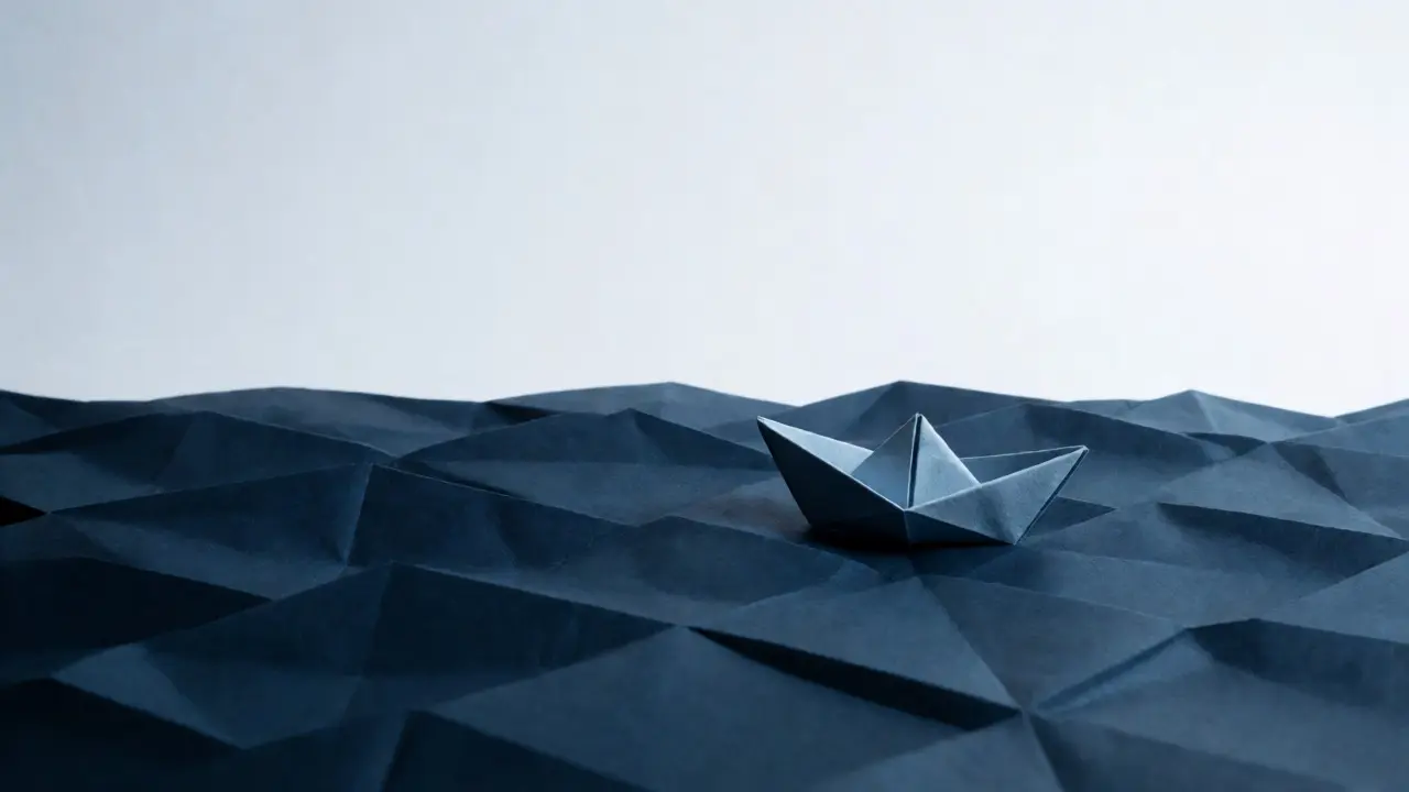 Solitary origami boat on dark paper waves illustrating low liquidity and market void