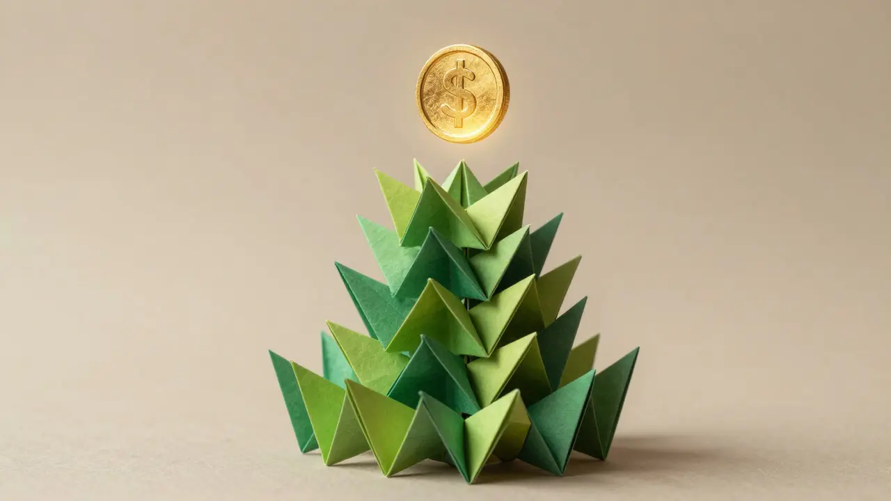 Stacked origami leaves with a golden coin symbolizing high yield farming rewards