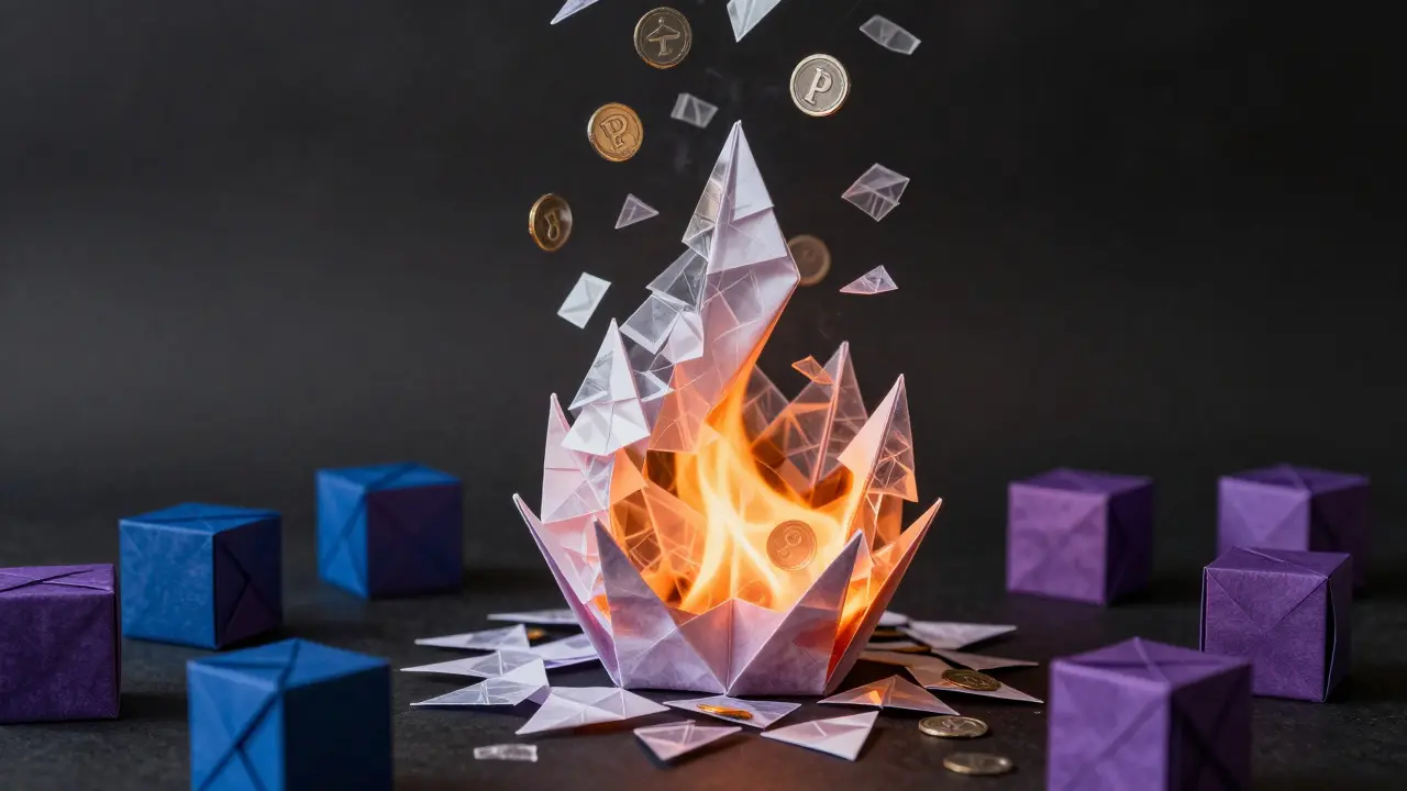 Translucent origami shapes dissolving into air, symbolizing token burns