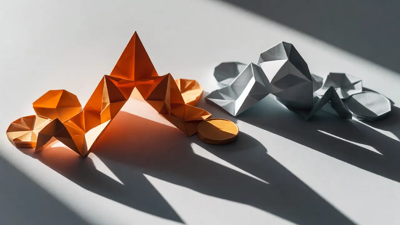 Abstract origami shapes diverging to show price imbalance in DeFi pools.