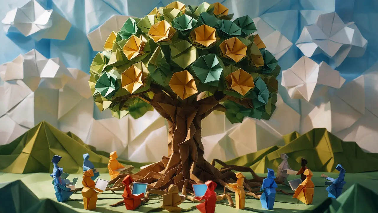 An origami tree rooted in diverse user figures, symbolizing Vertcoin's community-driven governance.