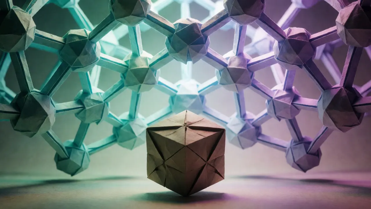 Cracked origami cube versus glowing interconnected origami network of DEXs