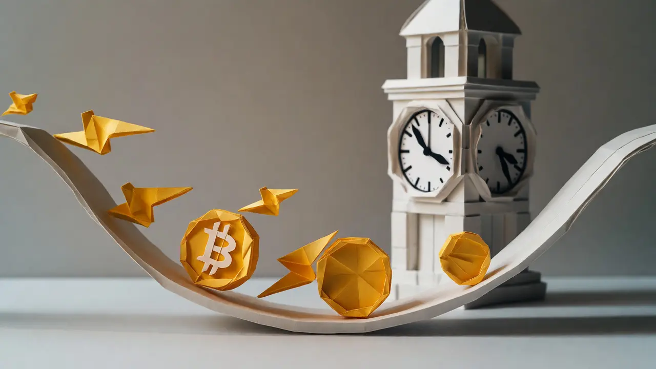 Fast origami coins moving past a large slow clock tower