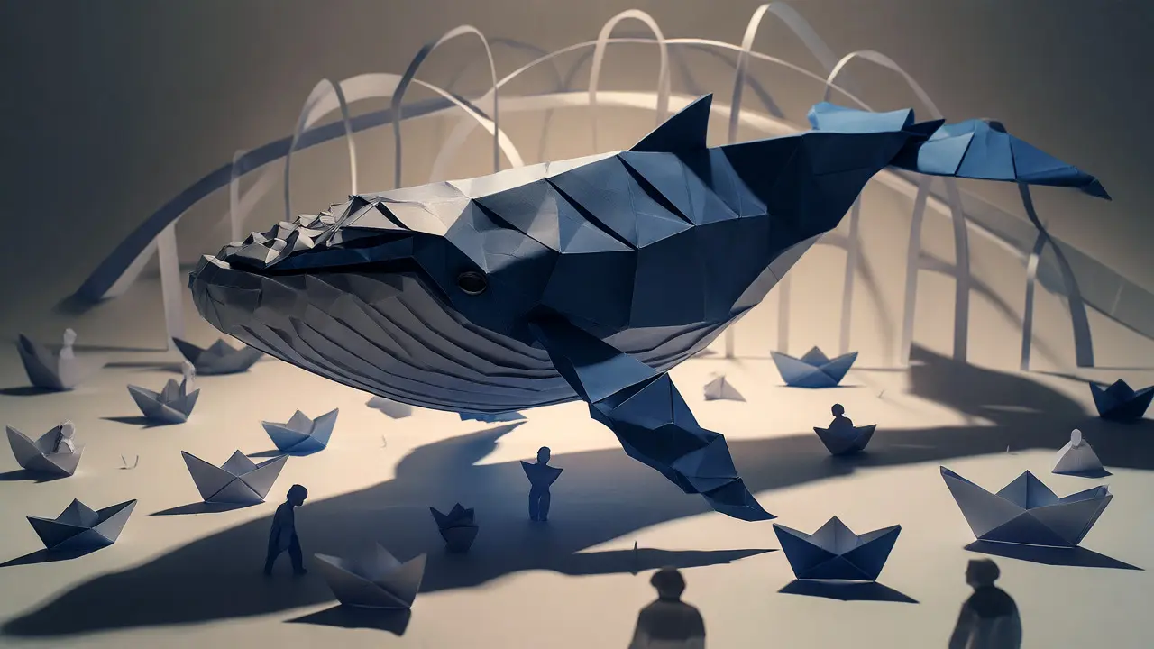 Large origami whale overshadowing small paper voters to depict DAO whale dominance.