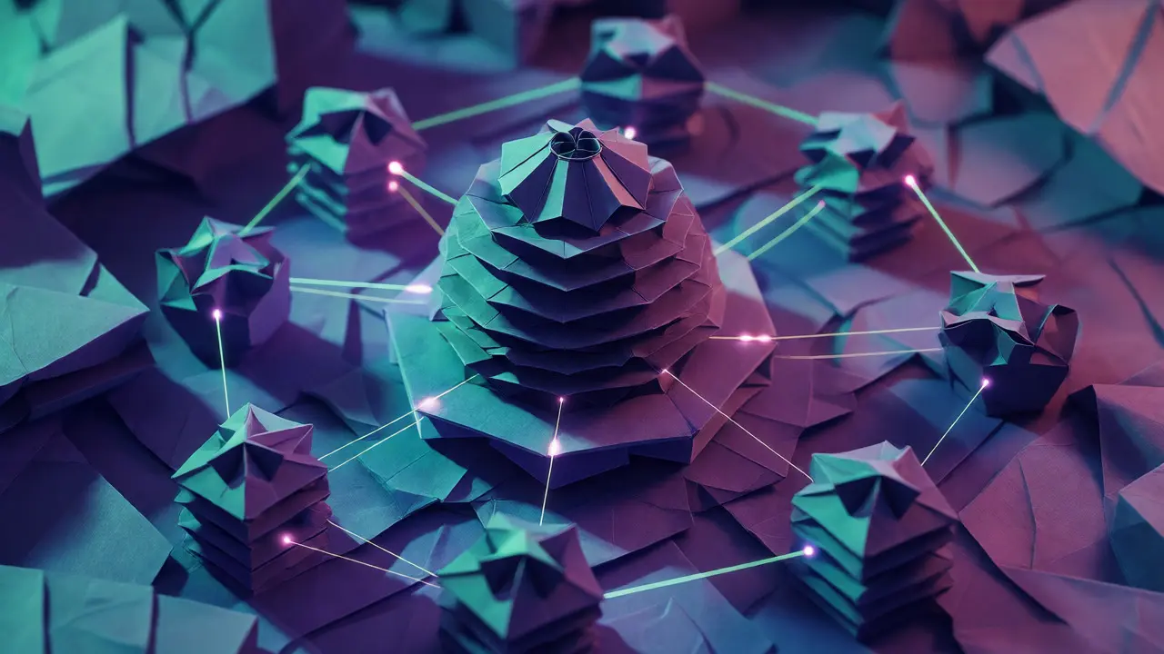 Layered origami sphere connected to nodes, symbolizing the JuliaOS framework.