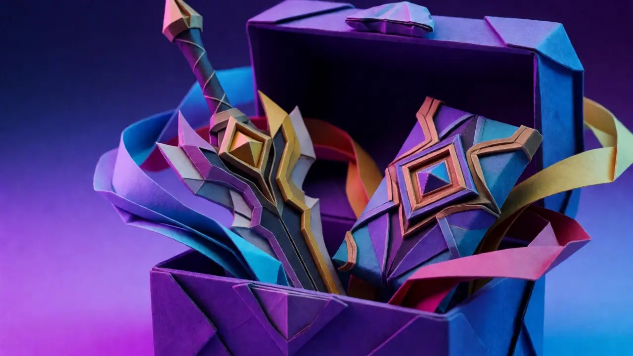 Open origami chest revealing paper weapons and skins with flowing ribbons