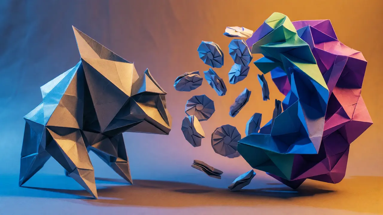 Origami artwork depicting a GPU cluster resisting a rigid ASIC miner through flowing paper coins.