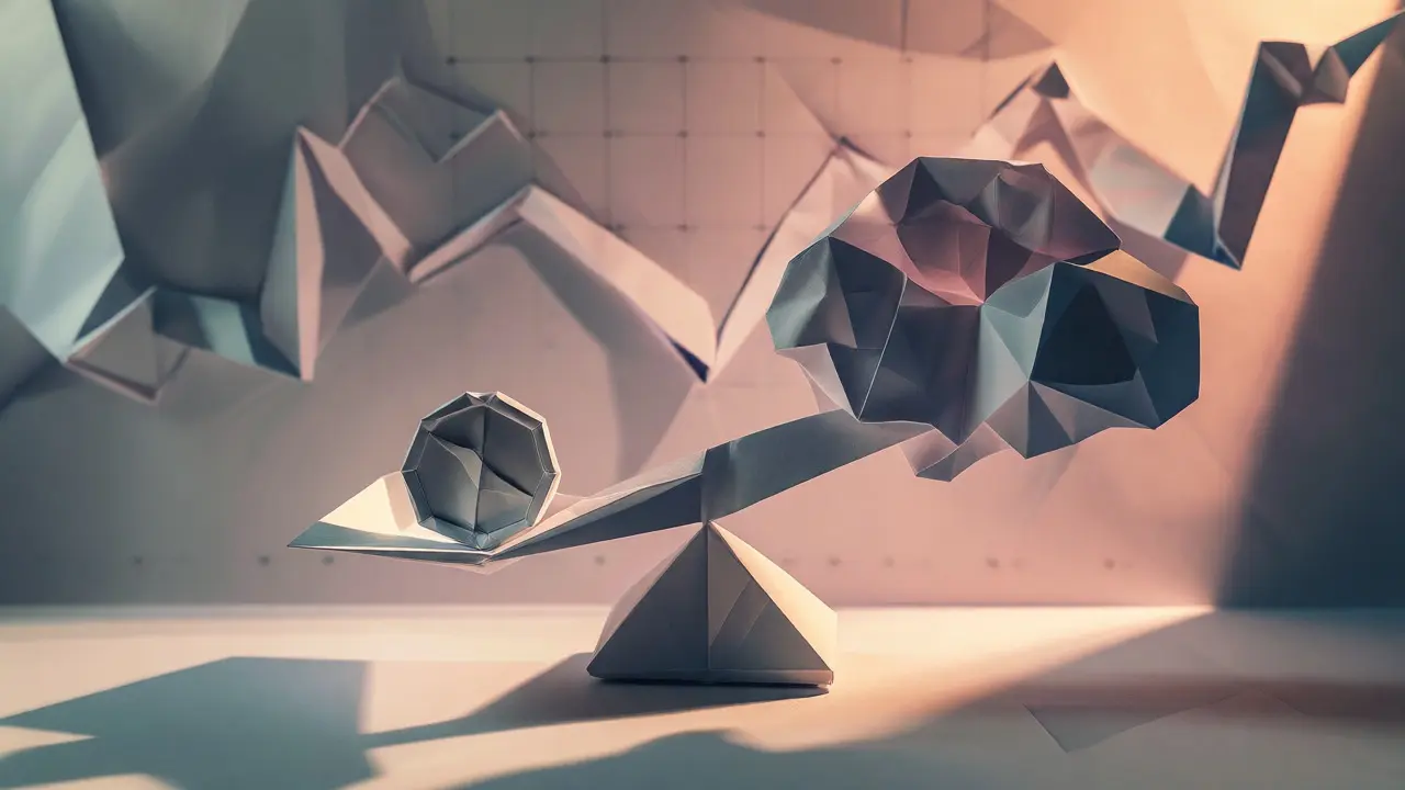 Origami balance scale weighing a coin against a cloud of volatility.