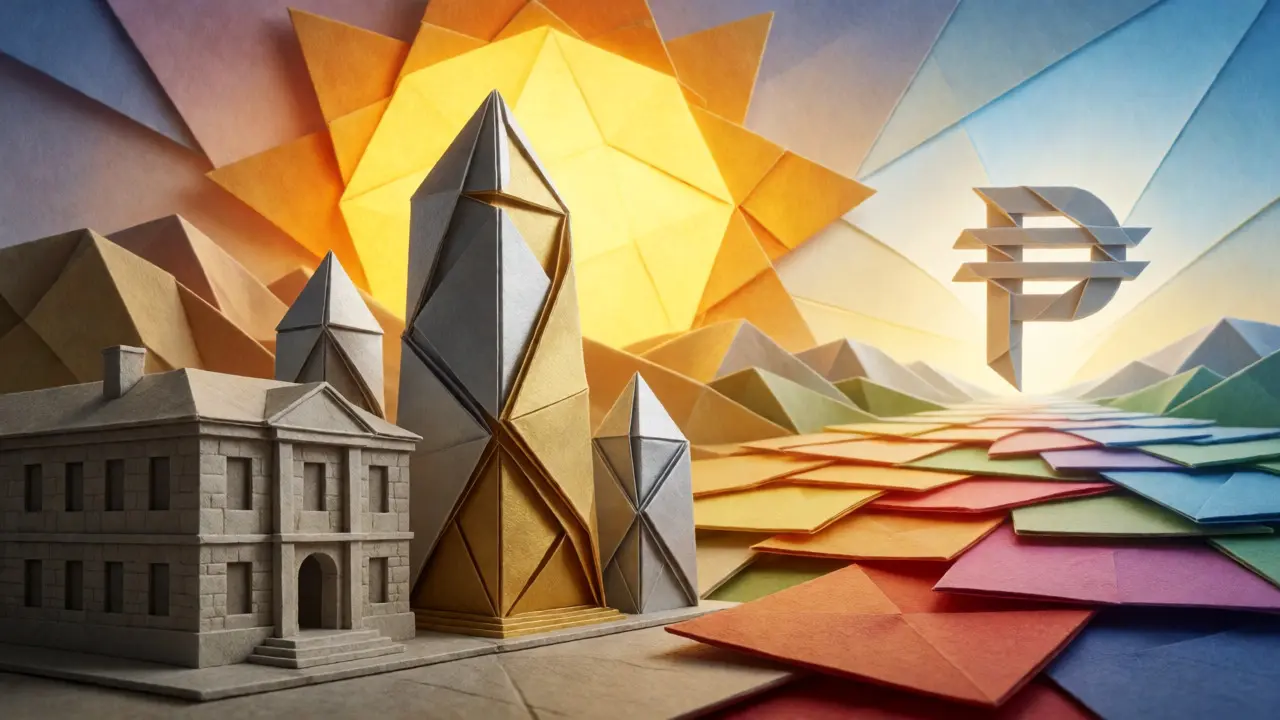 Origami cityscape blending traditional banks with futuristic digital towers