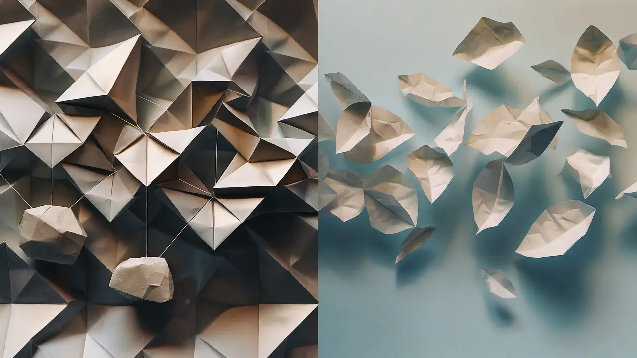 Origami comparison of rigid on-chain smart contract structures versus fluid off-chain signals.