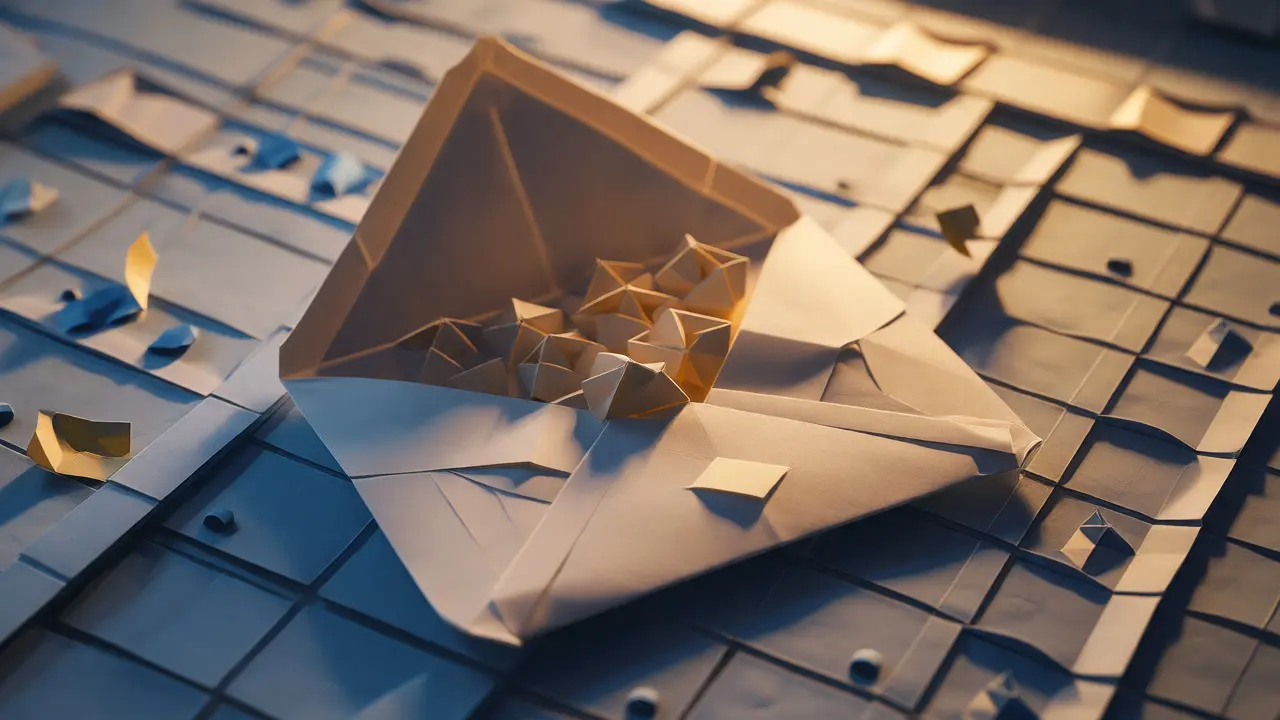 Origami envelope revealing distributed paper tokens from airdrop