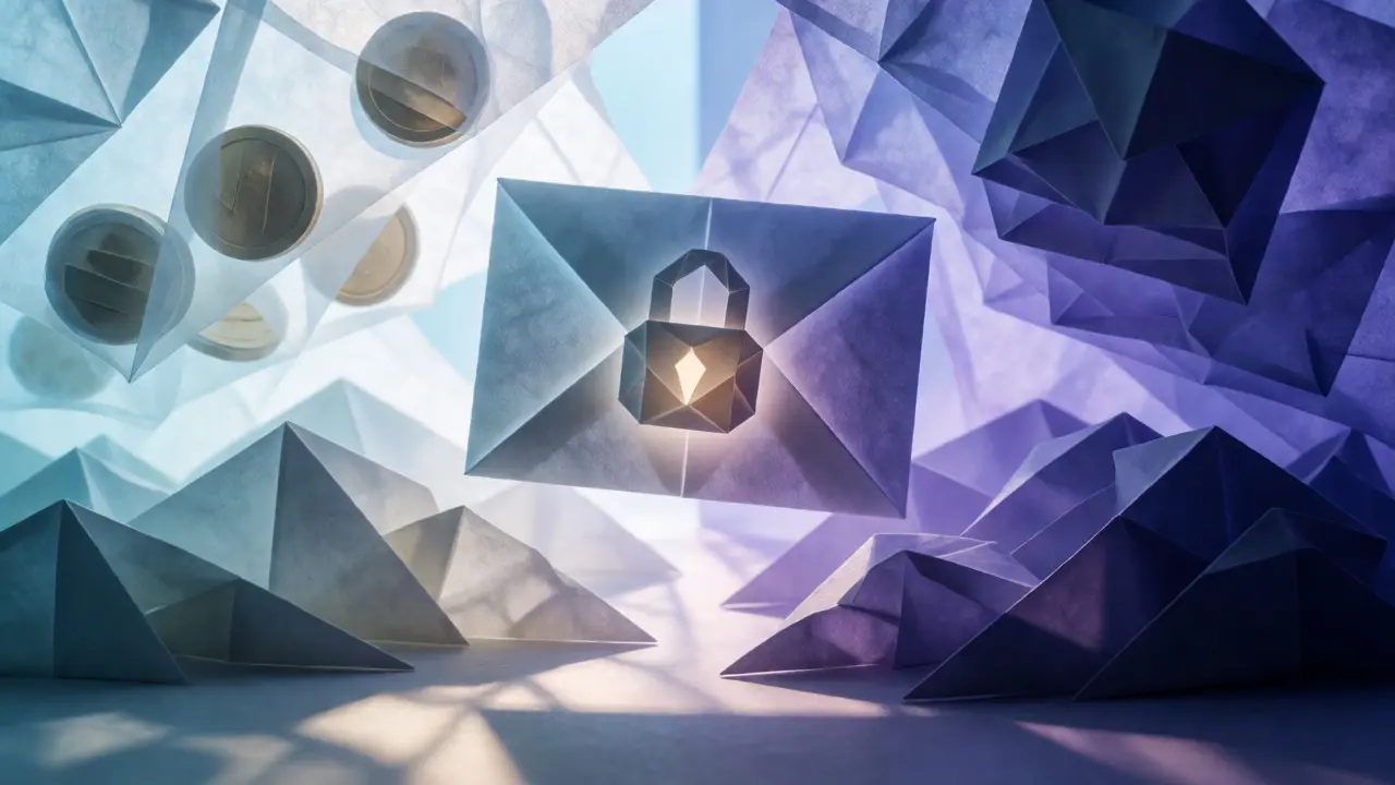 Origami envelope with paper locks illustrating the difference between transparent and shielded crypto transactions.