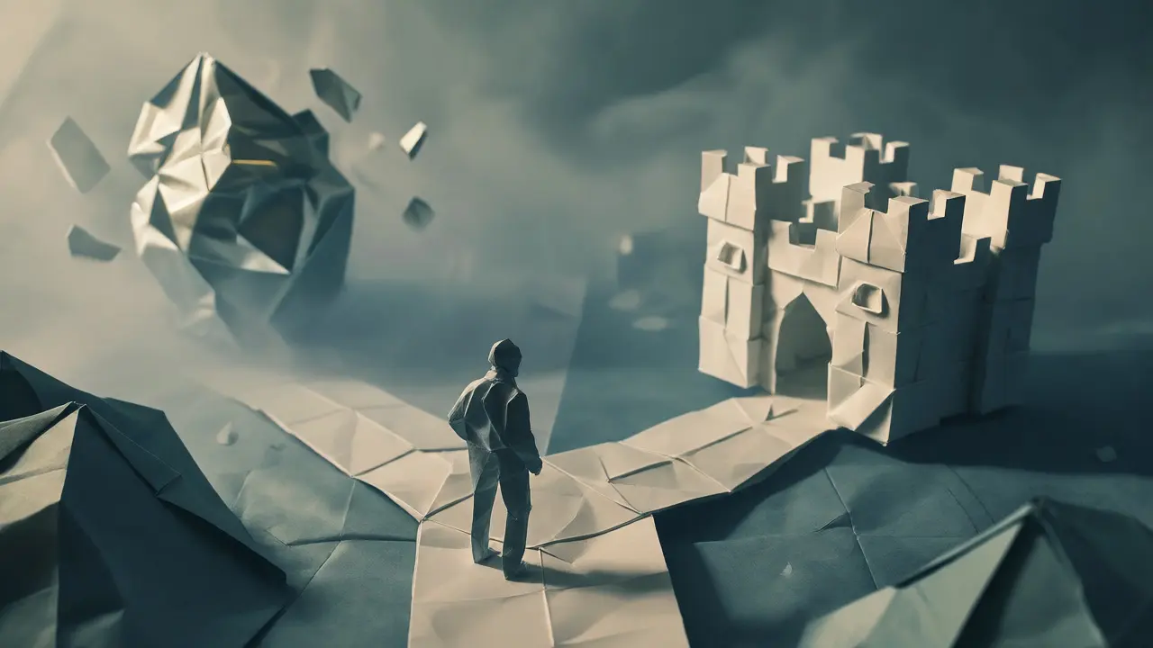Origami figure at a crossroads between a solid trusted exchange and a deceptive misty mirage.