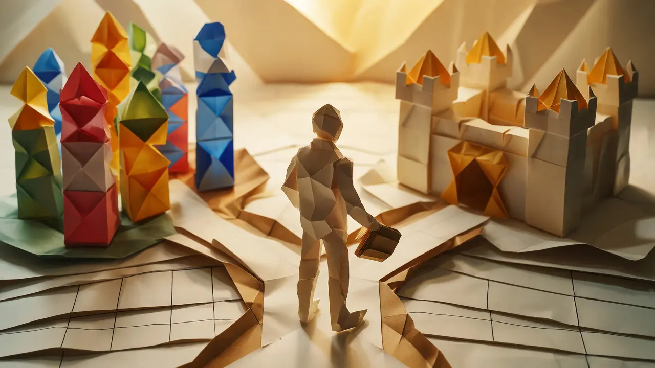 Origami figure choosing between unstable offshore exchanges and stable licensed local platforms.