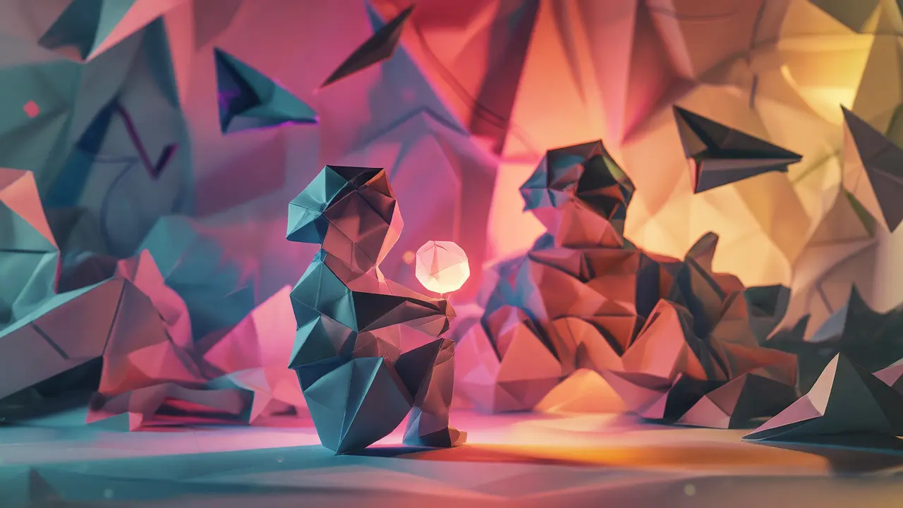 Origami figure holding a token amid a fading gamefi landscape representing market status