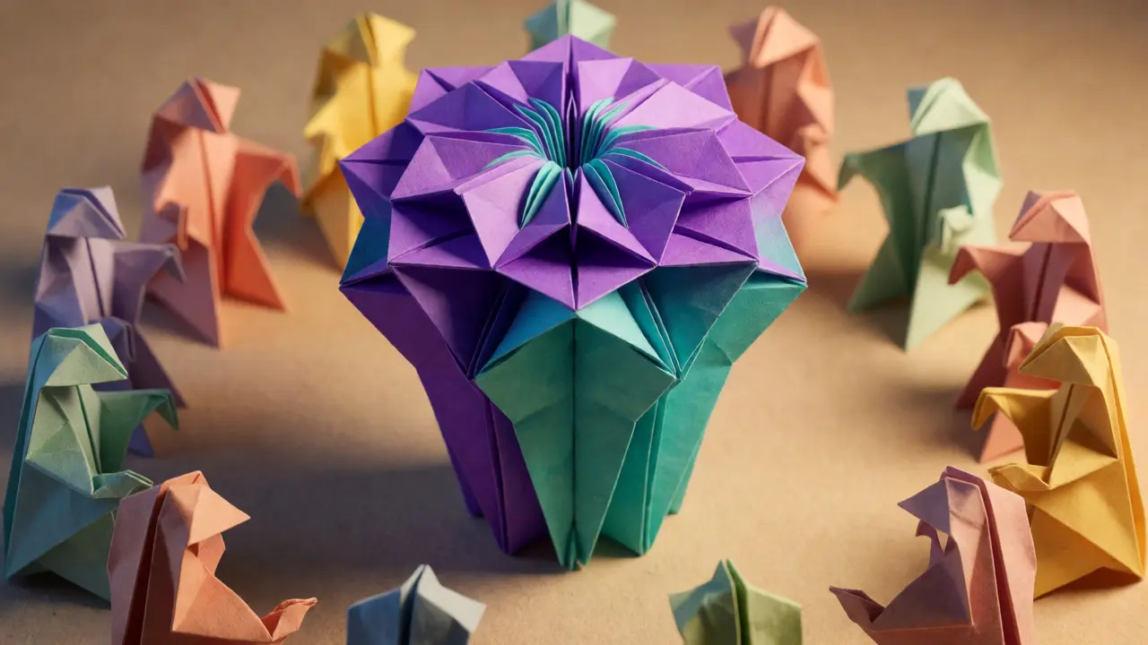 Origami flower surrounded by figures representing HELI token governance