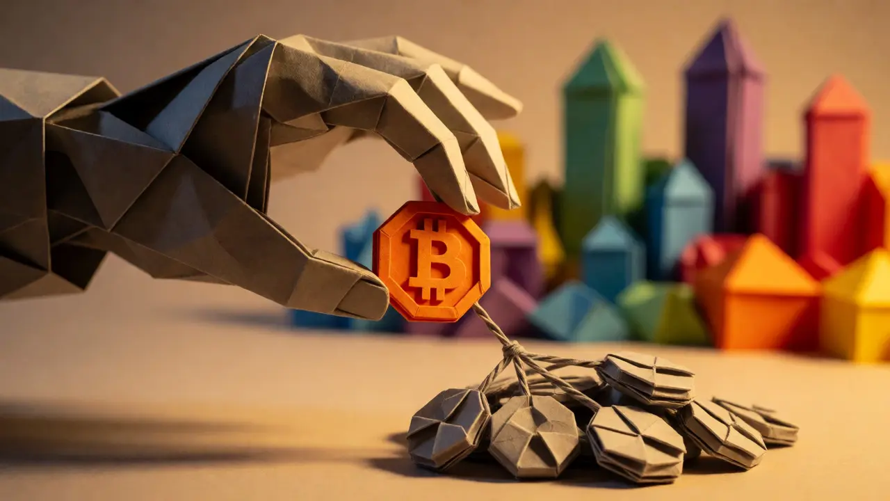 Origami hand lifting a weighted coin with paper fee strings attached