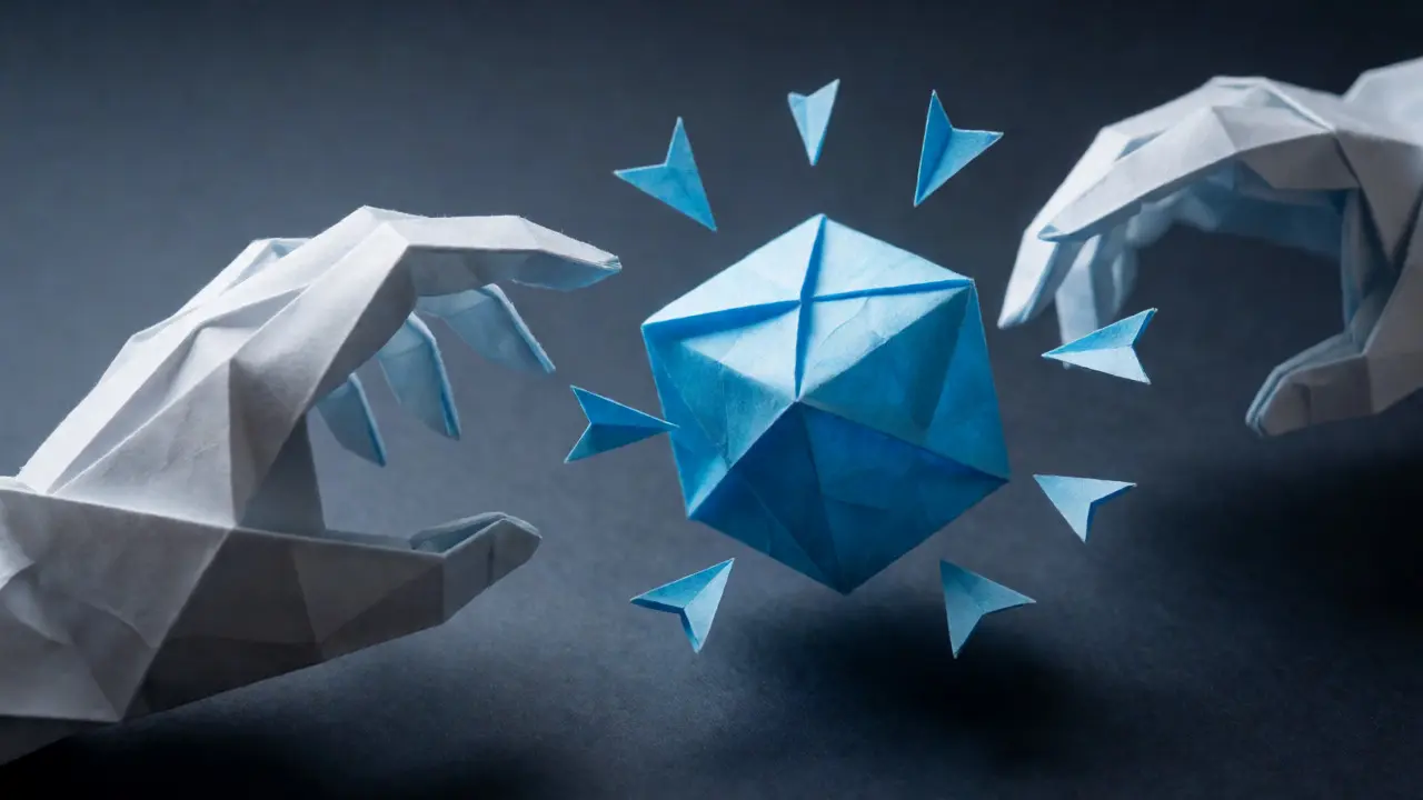 Origami hand reaching for a floating blue digital asset cube under scrutiny
