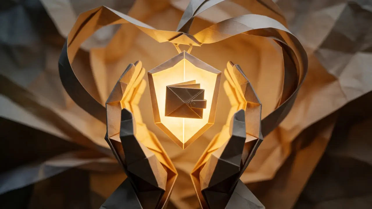Origami hands holding a glowing shield protecting a digital wallet icon