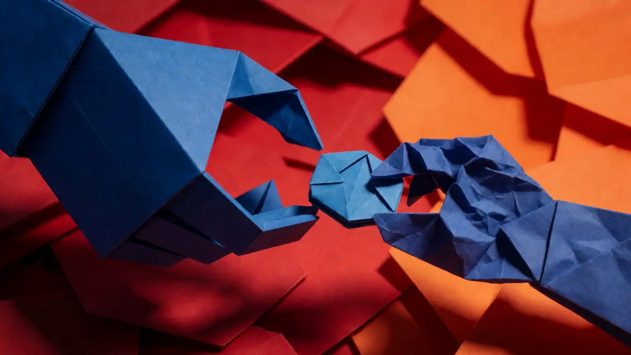 Origami hands passing coins over jagged paper representing liquidity risks