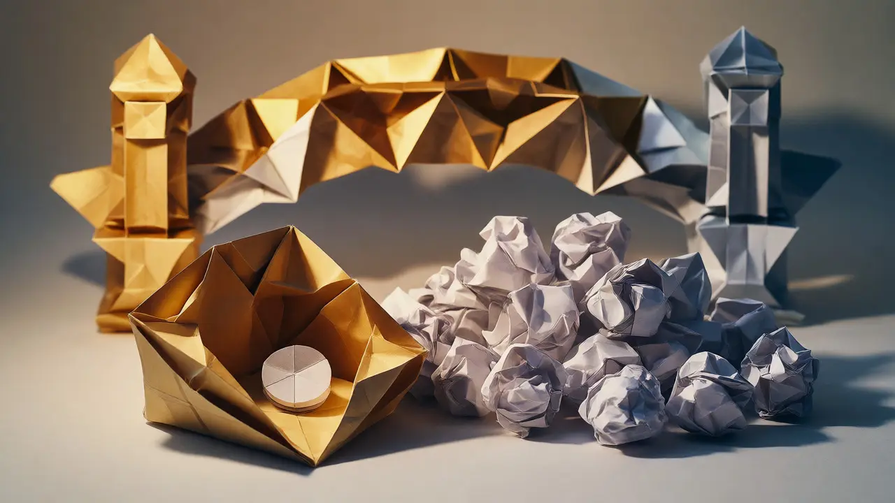 Origami scene showing a secure decentralized wallet next to chaotic piles of red flag warnings.