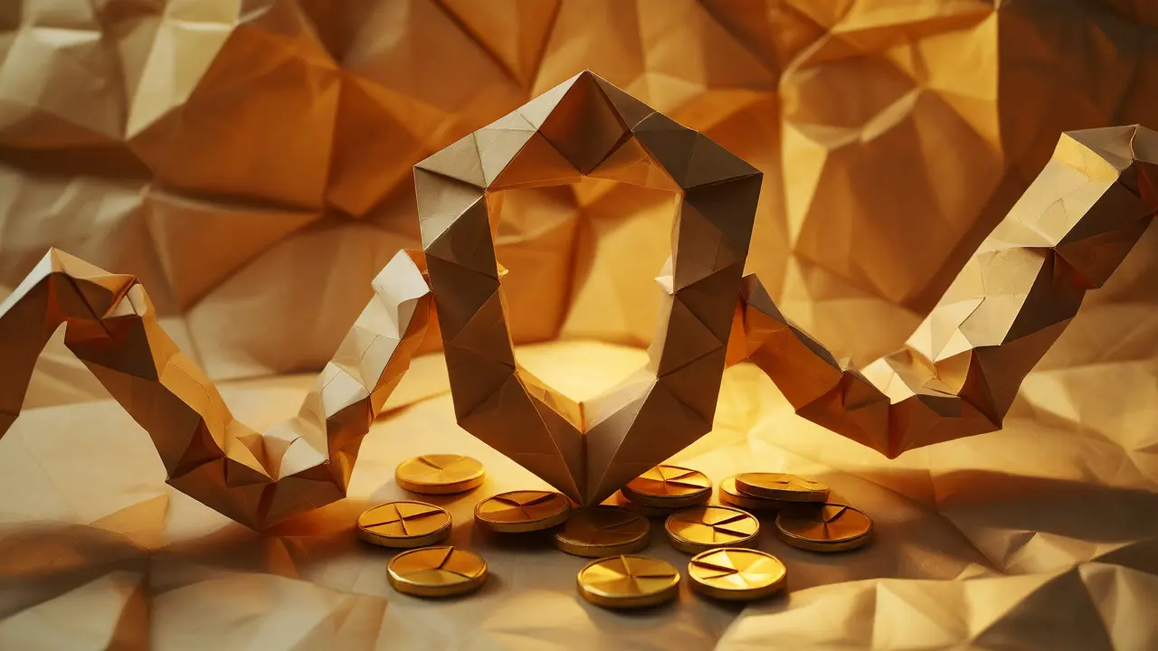 Origami shield balancing diverging paths with golden fee coins below.