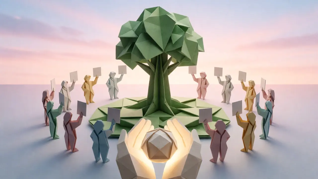 Origami tree surrounded by paper figures holding voting cards in a circle.