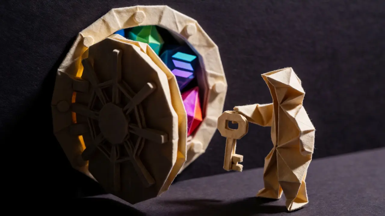 Origami vault opening to reveal colorful paper crypto crystals.