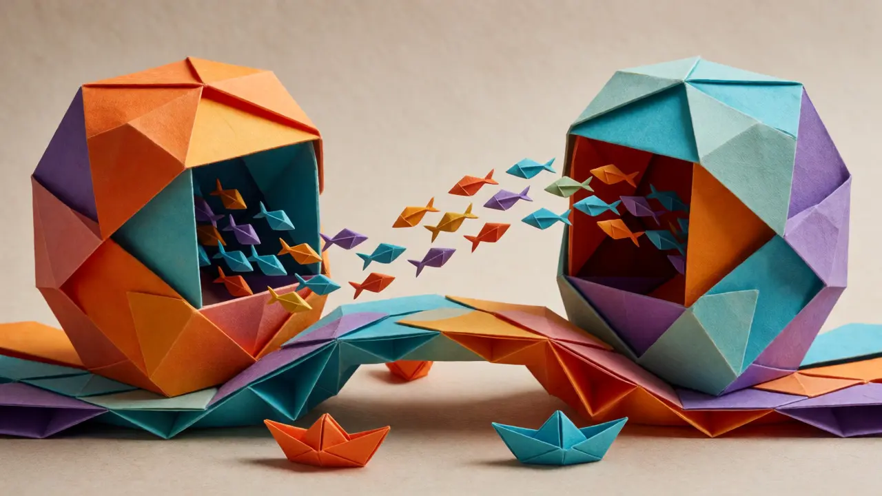 Origami vaults exchanging a stream of colorful paper fish over a paper bridge.