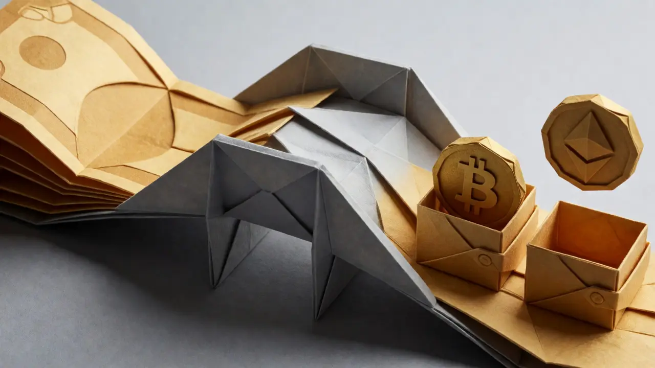 Paper art diagram showing funds flowing from bank to individual wallets.
