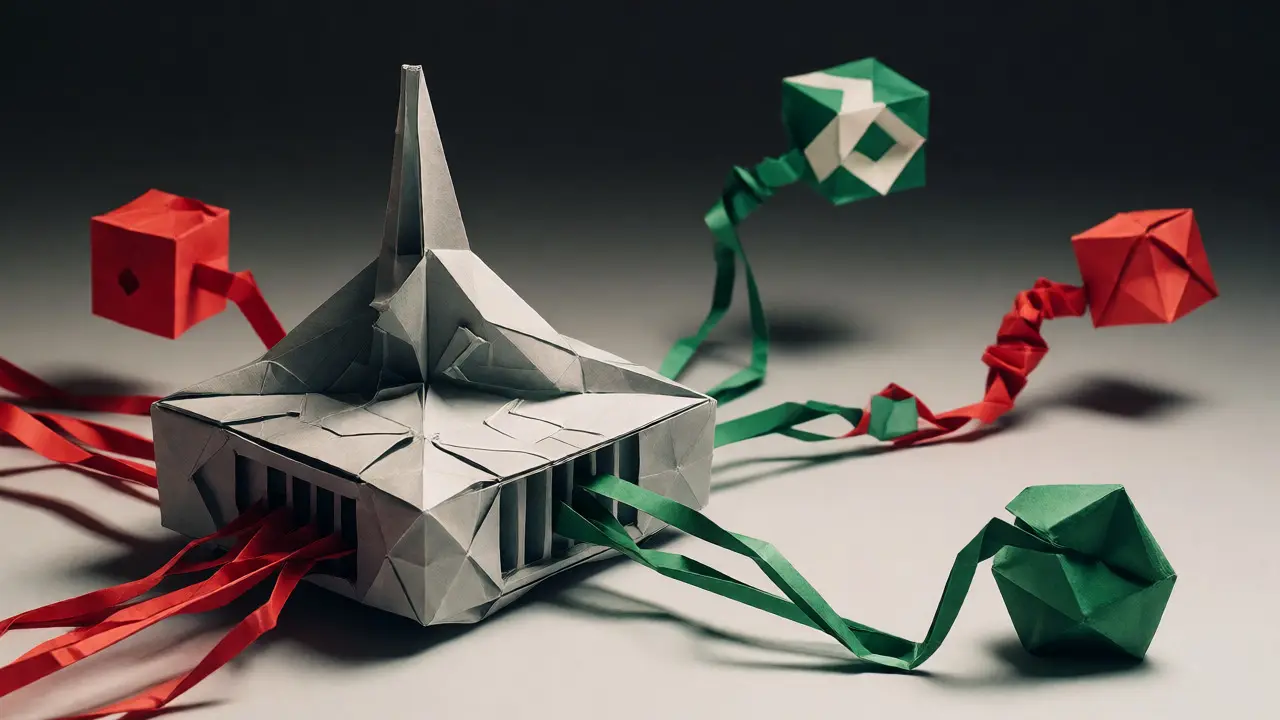 Paper-craft network diagram illustrating internet service providers blocking crypto exchange connections.