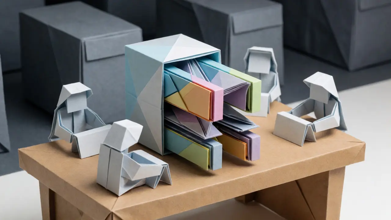 Paper craft scene of home GPU miners surrounding a computer tower, contrasting with ASIC farms.